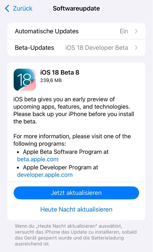 周矶办事处苹果手机维修分享苹果 iOS / iPadOS 18 开发者预览版 Beta 8 发布 